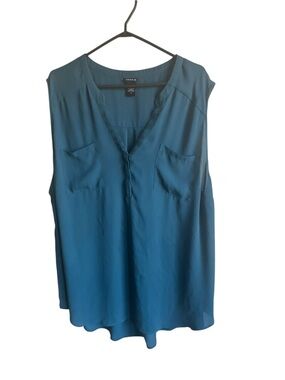 TORRID Harper Georgette Teal Blue Sheer Sleeveless V-Neck Blouse Pockets